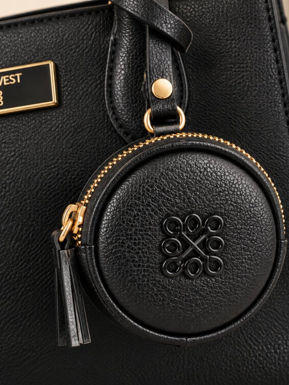 New Nine West Black Triple Compartment Satchel Bag w/Coin Pouch & Shoulder Strap - Picture 4 of 5